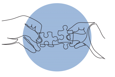 Line drawing of two hands joining two jigsaw pieces on a blue background