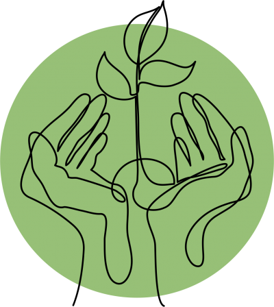 Line drawing of two hands holding a sapling tree on a green background